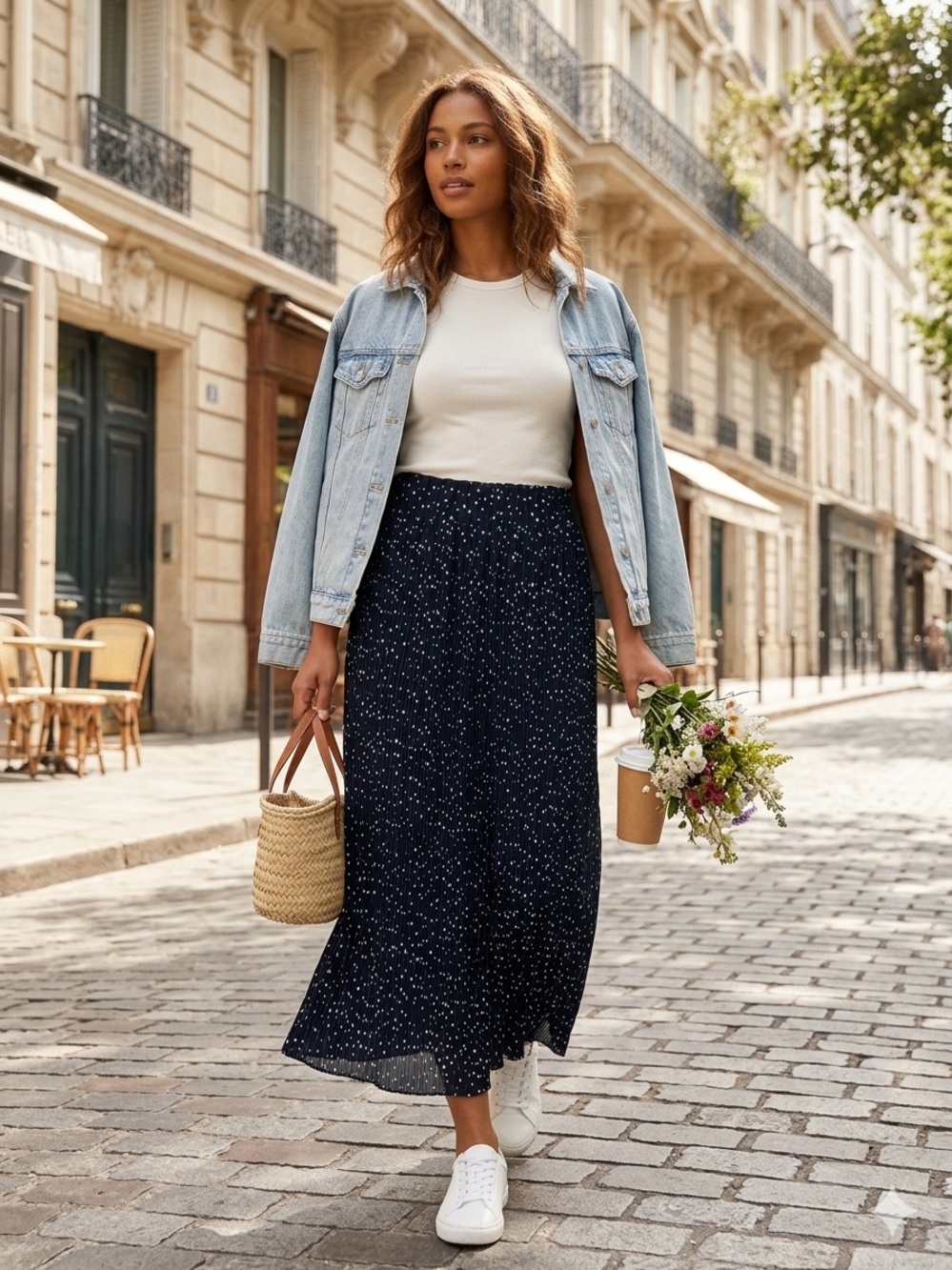 Navy Pleated Midi Skirt with Light Blue Dot Print